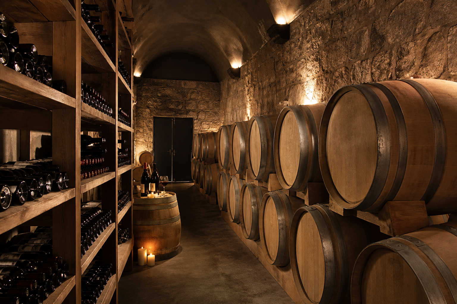 Oak barrels in a Galilee wine cellar