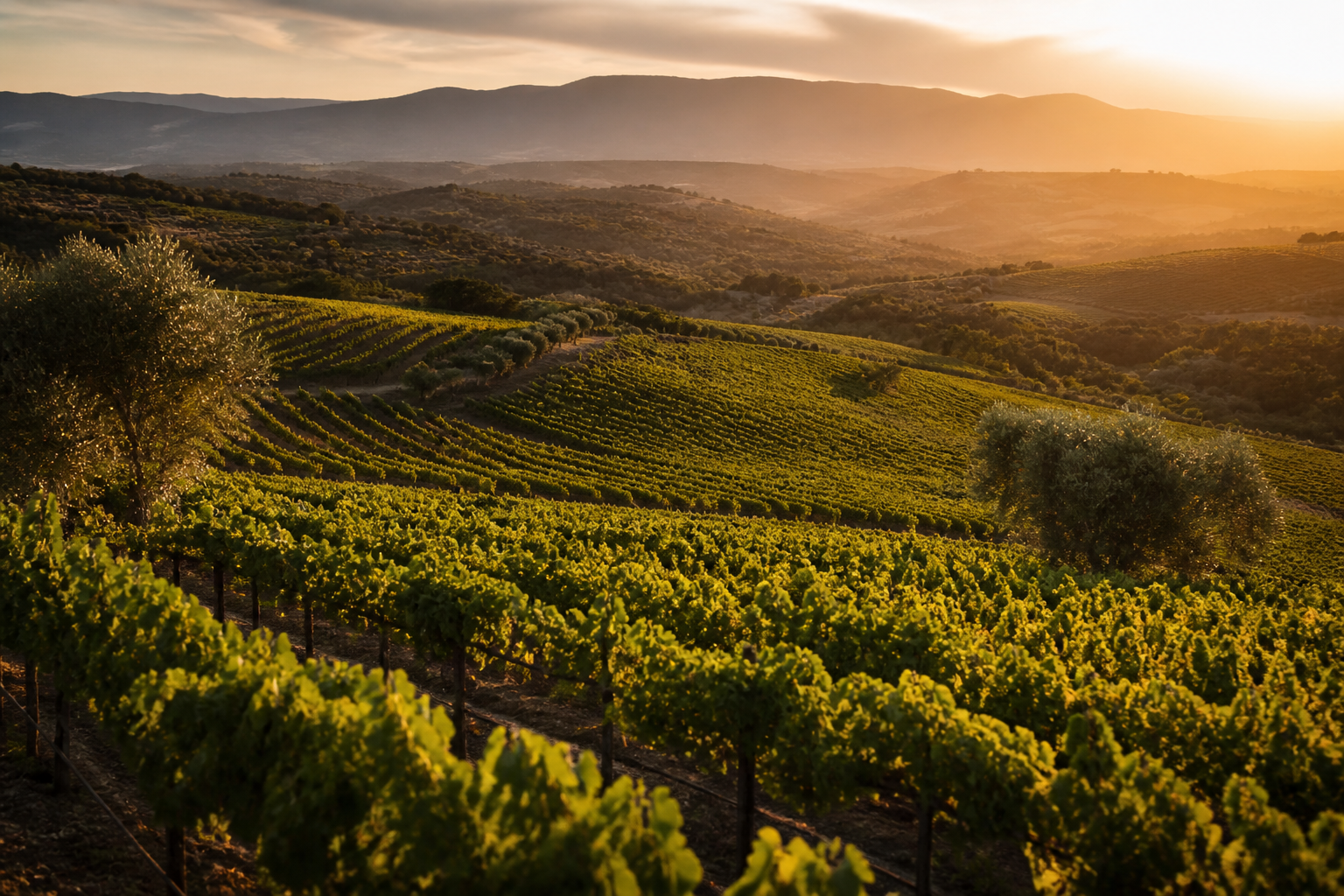 Golden hour over vineyards in the Galilee hills of Israel