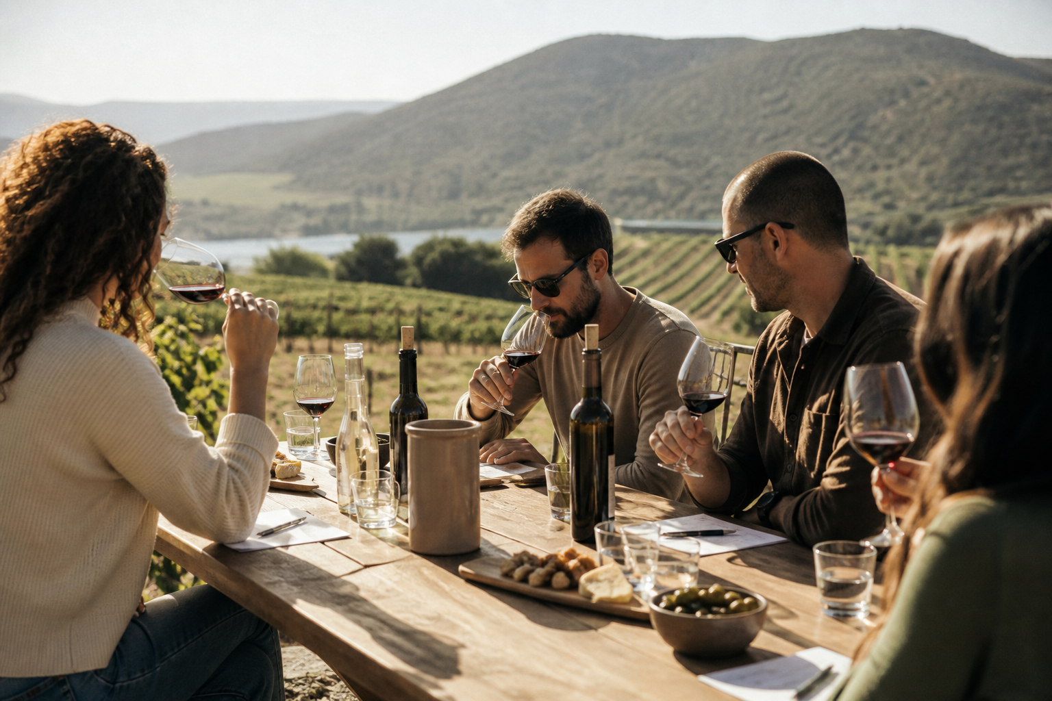 Outdoor wine tasting among Galilee vineyard rows